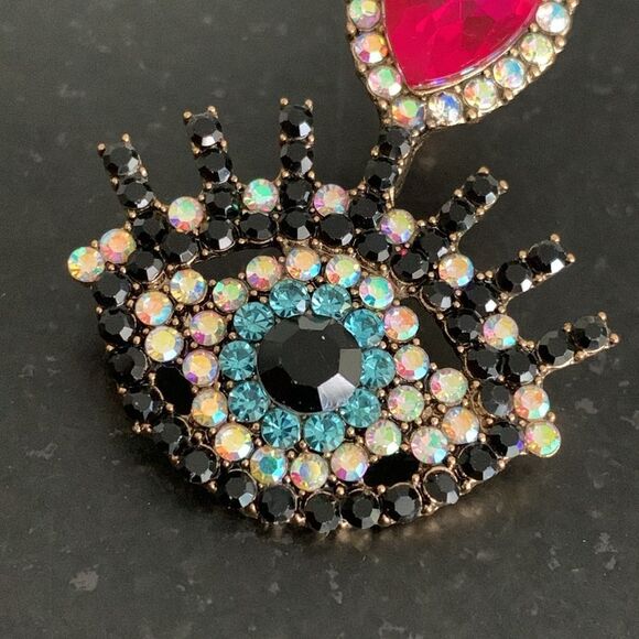 Colorful Eye Mosaic Crystal Rhinestone Earrings, Evil Eye Studs, Pink Protection - Picture 5 of 11